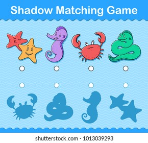 Match the shadow educational kids puzzle with colorful sea life including a crab, sea horse, sea star or starfish and eel with matching silhouetted shadows, vector illustration