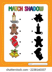 Match shadow worksheet. Christmas game activity book for kids.