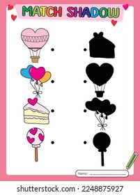 Match shadow worksheet. Valentine's day game activity book for kids.