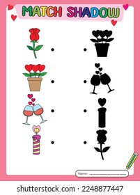 Match shadow worksheet. Valentine's day game activity book for kids.