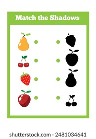 Match the Shadows of Fruits and Berries Game for Children. Educational materials for a preschooler child
