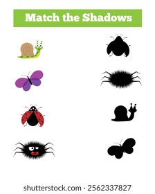 Match the Shadows of Insects and Animals Game for Children. Educational material for a preschooler child