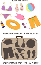 Match the shapes children game. Open suitcase with beach accessories and clothes. Vector illustration in cartoon style. Colorful activity page for kids.