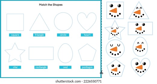 Match the shapes with cute snowman face activity page for kids. Winter cut and glue worksheet. Educational game for children. Sensory activity puzzle. Vector illustration