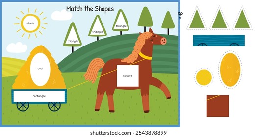 Match the shapes game for kids with a cute horse. Cut and glue activity page for preschool. Learning geometric shapes worksheet with a farm character. Vector illustration