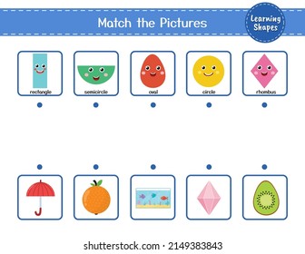 Match the shapes with objects. Educational activity page for kids. Learning shapes matching game for preschool. Vector illustration