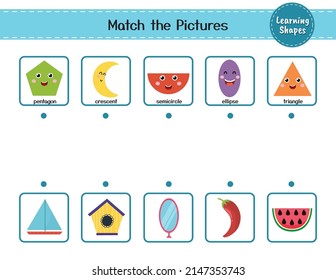 Match the shapes with objects. Puzzle activity page for kids. Learning shapes matching game for preschool. Vector illustration