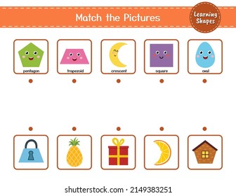 Match the shapes with objects. Puzzle activity page for kids. Learning shapes matching game for preschool. Vector illustration