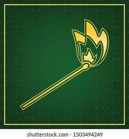 Match sign illustration. Golden icon with gold contour at dark green gridded white background. Illustration.