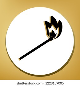 Match sign illustration. Vector. Black icon with light brown shadow in white circle with shaped ring at golden background.