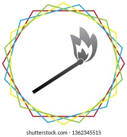 Match sign illustration. Vector. Black icon with patch of light inside colorful hexagonal frames at white background.