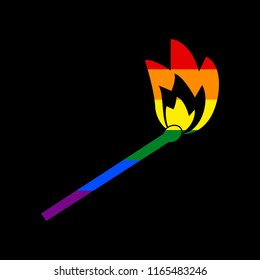 Match sign illustration. Vector. Icon with colors of LGBT flag at black background.