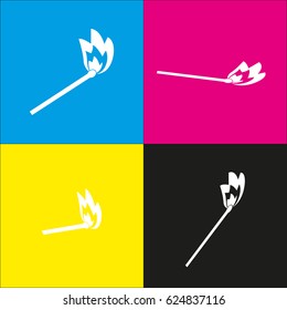 Match sign illustration. Vector. White icon with isometric projections on cyan, magenta, yellow and black backgrounds.