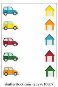 Corresponder a planilha de cores semelhantes para crianças, correspondência de atividade para jardim de infância, combinar o carro para cor semelhante imprimível, planilha de transporte 