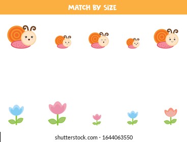 Match snails and flowers by size. Big, medium, little, comparison game for kids.