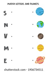 Match solar system planets with alphabet letters. Educational game.