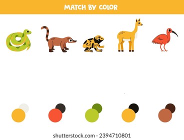 Coincide con los animales y colores sudamericanos. Juego educativo para el reconocimiento de colores.