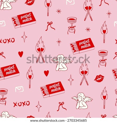 Match stick box valentines day. Cupid valentine seamless pattern. Perfect match.
