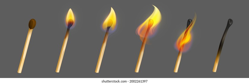 Match stick with fire in different stage of burning. Whole, ignite and burnt wooden matchstick. Vector realistic set of wood rods with yellow flame isolated on gray background