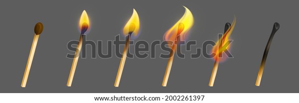 Match stick with
fire in different stage of burning. Whole, ignite and burnt wooden
matchstick. Vector realistic set of wood rods with yellow flame
isolated on gray
background