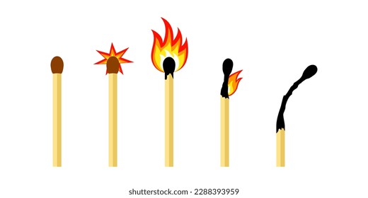 Match stick with fire, ignite match, lit sulphur, vector set isolated on white background. Simple illustration