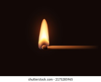 Match stick with flame vector illustration. 3d realistic half burnt ablaze matchstick with bright hot flame, single lit wooden small torch with light effect of burning glow on black background