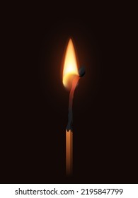 Match stick with flame vector illustration. 3d realistic half burnt ablaze matchstick with bright hot flame, single lit wooden small torch with light effect of burning glow on black background