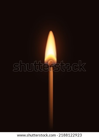 Match stick with flame vector illustration. 3d realistic half burnt ablaze matchstick with bright hot flame, single lit wooden small torch with light effect of burning glow on black background