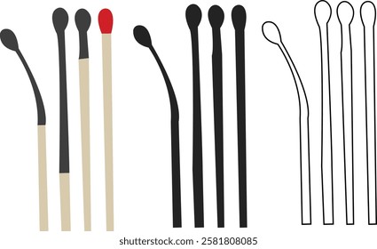 Match stick icon set, wooden matchstick, cartoon style match icon. Match graphic design elements, ideal for digital designs and projects Caravan, Camping Tent, Hiking, Travel, Outdoor, Forest, Tree.