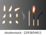 Match sticks with flame sequence set. Wooden match burning cycle. New, blazing, burned, blown out matchsticks. Realistic vector illustration. Lights and flames design on transparent background.