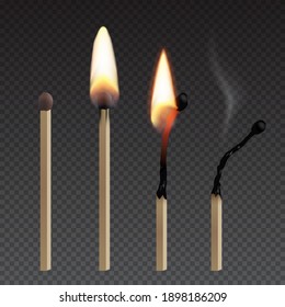 Match sticks with flame sequence set. Wooden match, burning, hot and glowing red, blown out. Abstract realistic vector illustration. Collection design on transparent background.