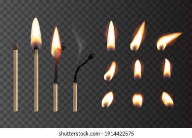 Match sticks with flame sequence set. Wooden matches, burning, hot and glowing red, blown out. Abstract realistic vector illustration. Lights and flames collection design on transparent background.