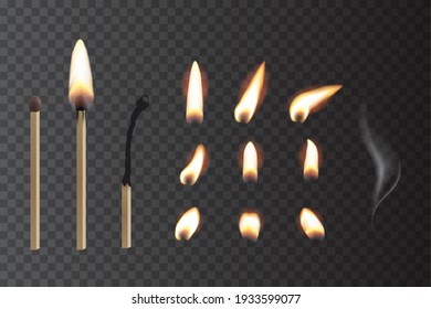 Match sticks with flame sequence set. Wooden matches, burning, hot and glowing red, blown out. Abstract realistic vector illustration. Lights, flames and smoke collection on transparent background.