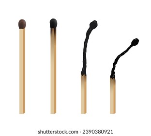 Match sticks with flame sequence set. Wooden match burning cycle. New, blazing, burned, blown out matchsticks. Realistic vector illustration on transparent background.