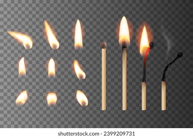 Match sticks with flame sequence set. Wooden match burning cycle. New, blazing, burned, blown out matchsticks. Realistic vector illustration. Lights and flames design on transparent background.