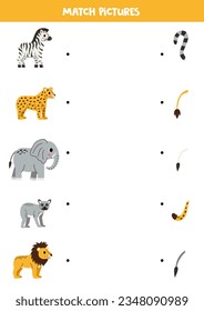 Coincide con colas de lindos dibujos animados de animales africanos. Juego lógico para niños.