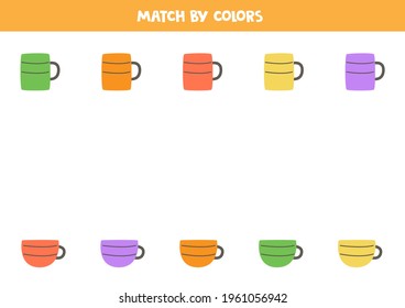 Coincide con té y tazas de café por color. Juego educativo lógico para niños.