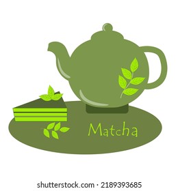 Match. A teapot with green tea and a piece of matcha pie. Tea time. Cooking ingredients, baking and tea. Vector illustration