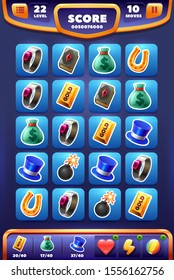 Match three game screen with casino icons. For web, video games, user interface, design.