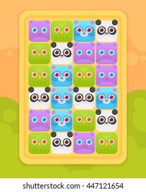 Match three mobile game user interface with cute square animals icons: bear, panda, raccoon, bird