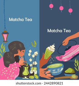 Match time. Vector doodle illustration with matcha products. Japanese tea ceremony. Template, background. Vertical banner.