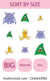 Match the toys  monsters by size large, medium and small. Children's educational game.