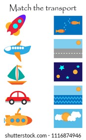Match the transport   where it flyes   goes  fun education game and transport for children  preschool worksheet activity for kids task for the development logical thinking  vector illustration