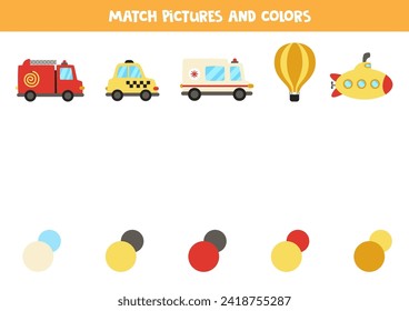  Match transportation means and colors. Educational game for color recognition.