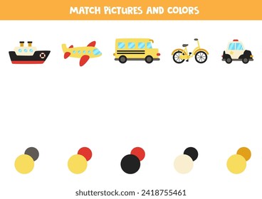 Match transportation means and colors. Educational game for color recognition.