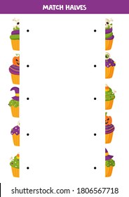 Match Two Halves Of Each Halloween Cupcake. Educational Logical Game For Kids. Printable Worksheet,