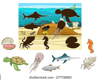 Match the underwater animals and fish to their shadows child game vector illustration