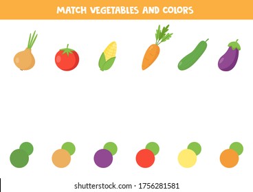 Coincide con las verduras con los colores correctos. Juego educativo lógico para niños. Colores haciendo juego para preescolares. Hoja de cálculo imprimible. 