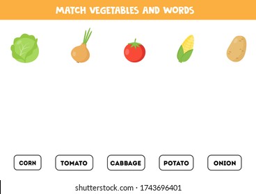 Coincide con verduras y palabras escritas. Juego educativo para los niños. Lee y encuentra la foto. Hoja de cálculo imprimible. Ilustración vectorial de col, papa, tomate, cebolla, maíz.