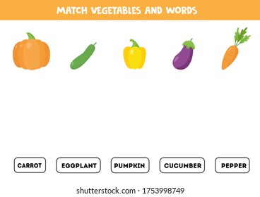 Coincide con verduras y palabras escritas. Hoja de trabajo educativa para niños. Aprender a leer. Juego imprimible. Juego gramatical inglés.